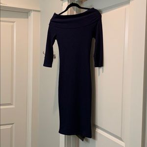 Navy knit bodycon, off shoulder, 3/4 sleeves, MED